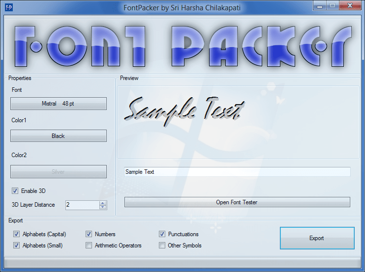 FontPacker - Create Bitmap fonts for use in Games